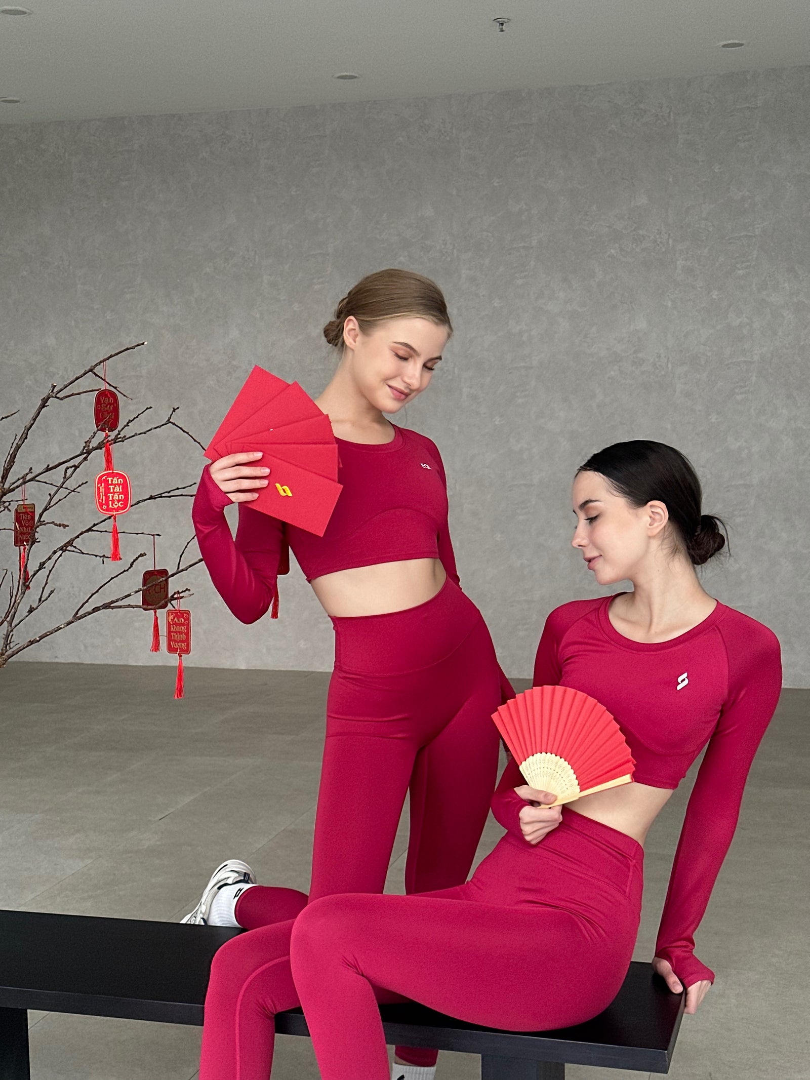 đồ tập gym nữ cao cấp, set Twist màu đỏ